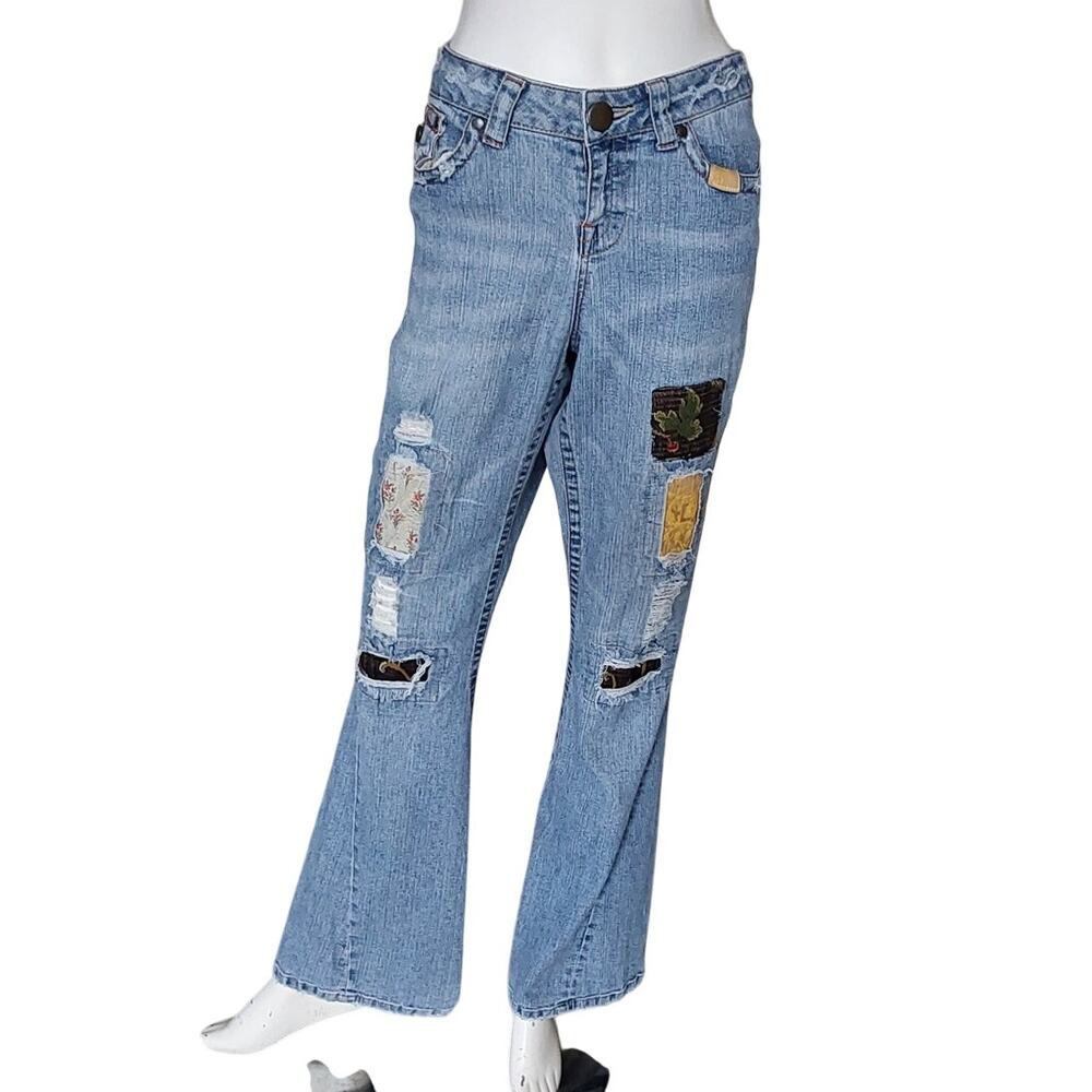 CACHE Distressed Boho Hippie Patch Boot Flare Jeans Size 10